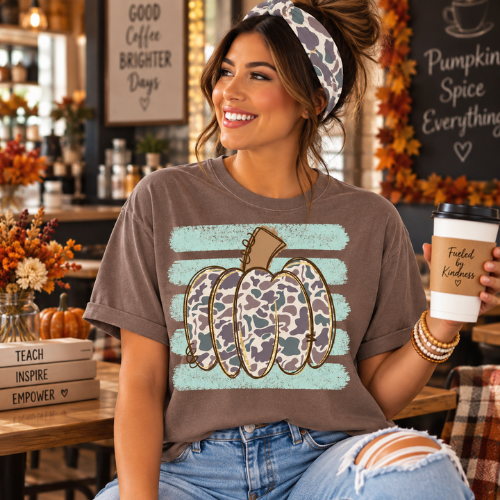 DEAL OF THE DAY - Camo Pumpkin Teal Stripes Brown Tee or Sweatshirt - FINAL SALE