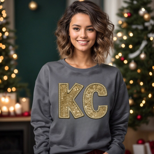 Faux Gold Embroidery KC Letters Charcoal Sweatshirt - The Red Rival