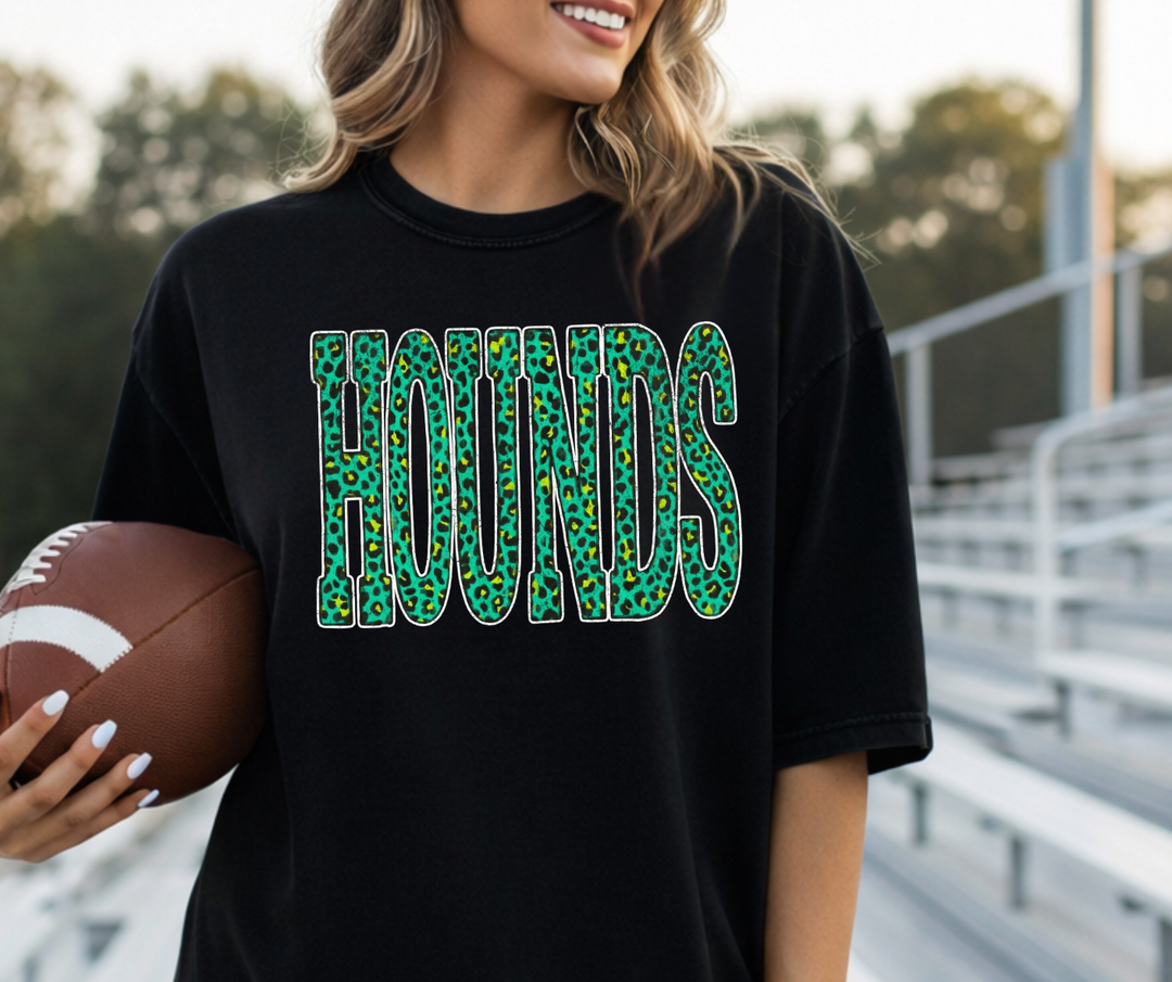 Green Leopard Hounds (White Outline) Black Tee