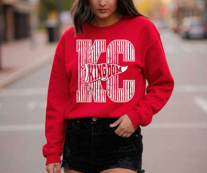 DEAL OF THE DAY - White/Red Distressed KC Football Banner Red Tee or Sweatshirt - FINAL SALE