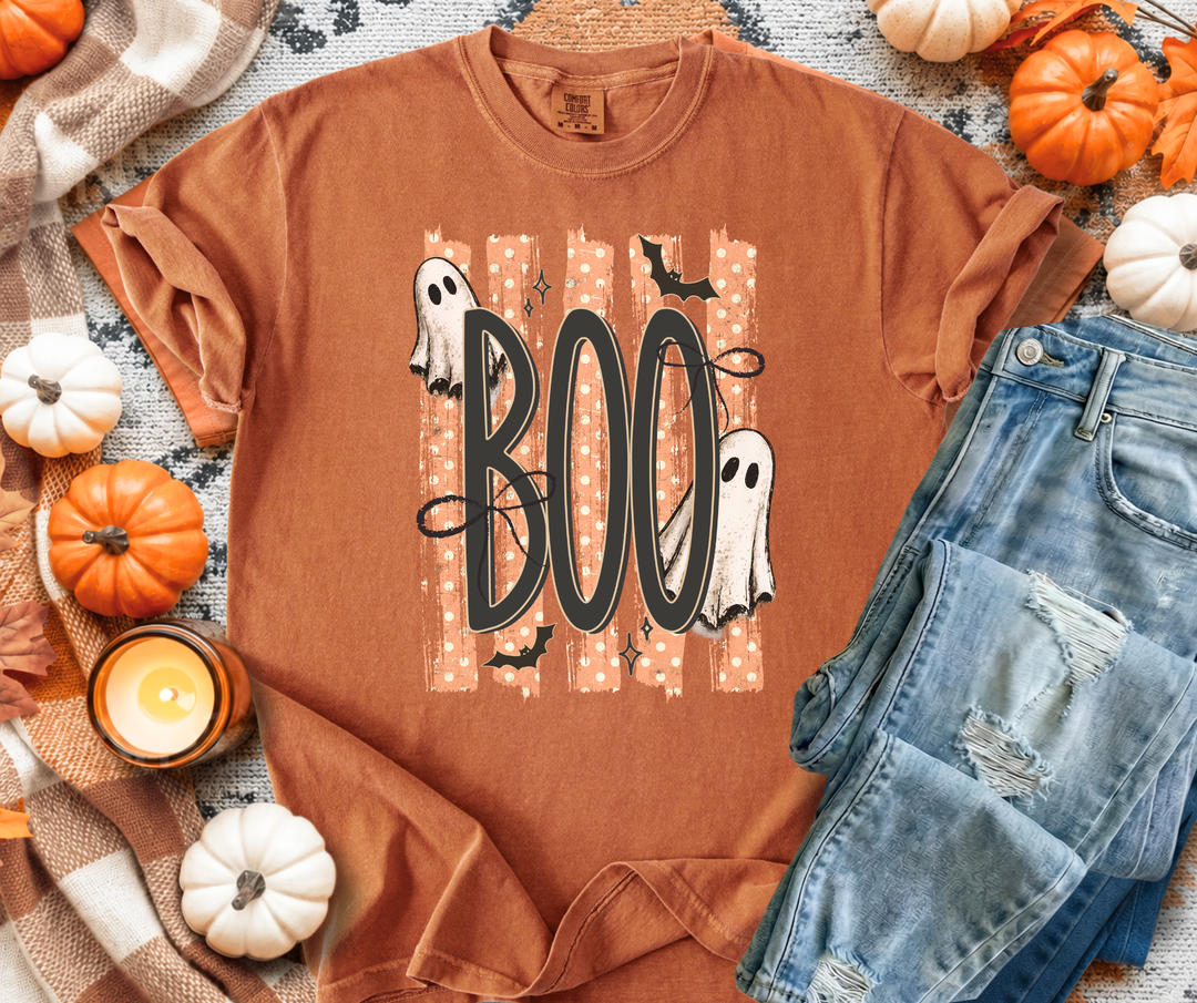 DEAL OF THE DAY - Distressed Striped Boo Orange Tee (FINAL SALE)