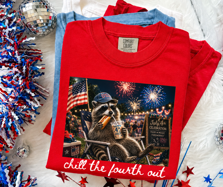 DEAL OF THE DAY - Raccoon Chill the Fourth Out Hot Dog &amp; Iced Coffee (Pick your tee color) - FINAL SALE