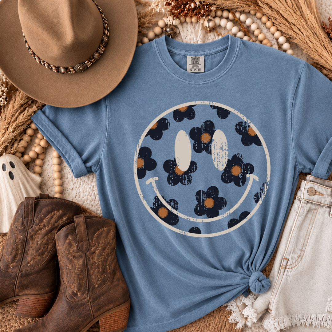 DEAL OF THE DAY - Neutral Daisy Happy Face Blue Tee - FINAL SALE