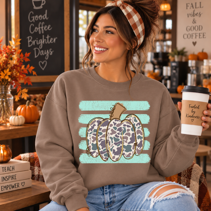 DEAL OF THE DAY - Camo Pumpkin Teal Stripes Brown Tee or Sweatshirt - FINAL SALE