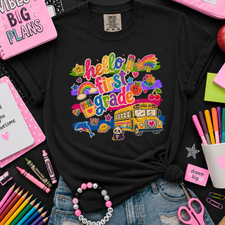 DEAL OF THE DAY - Bright Whimsical Hello Grade Level Black Tee (FINAL SALE)