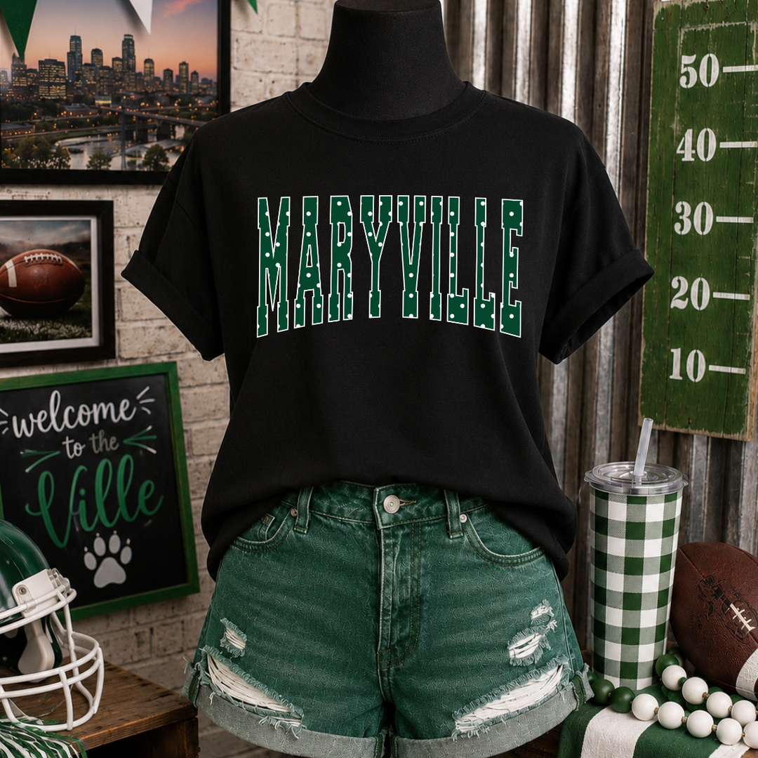 Green Polk-a-dot Maryville Letters Black Tee