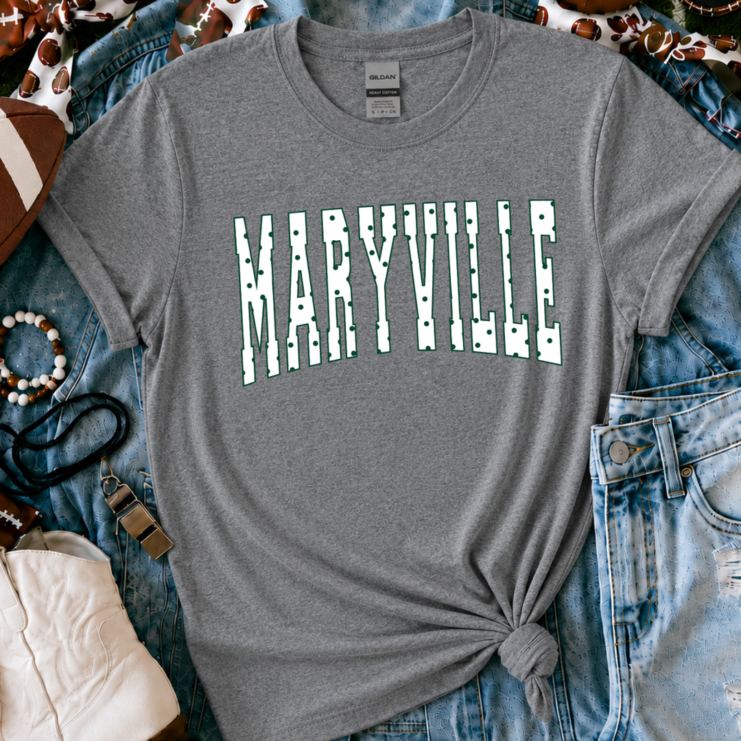 White Polk-a-dot Maryville Letters Grey Tee