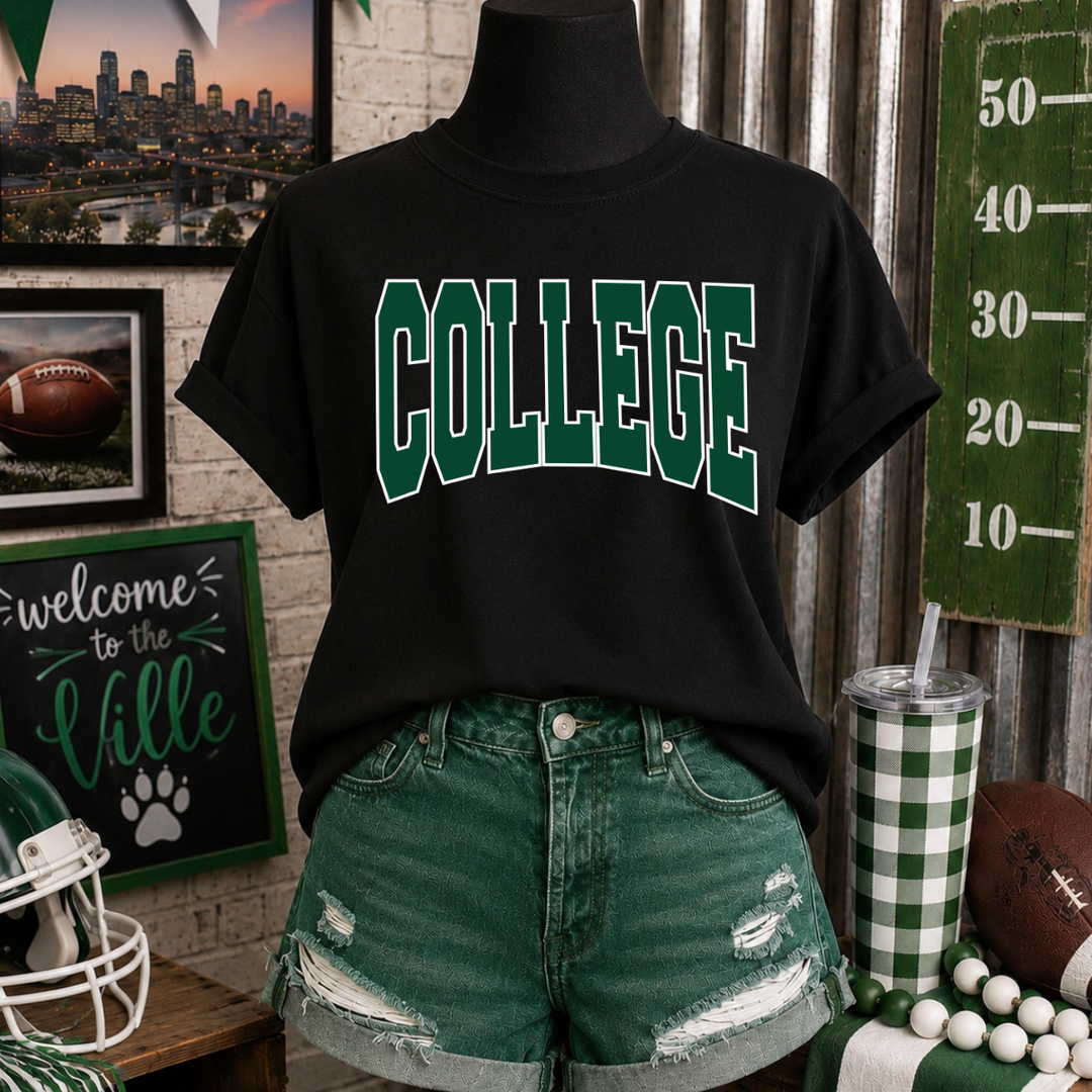 Green College Letters Black Tee