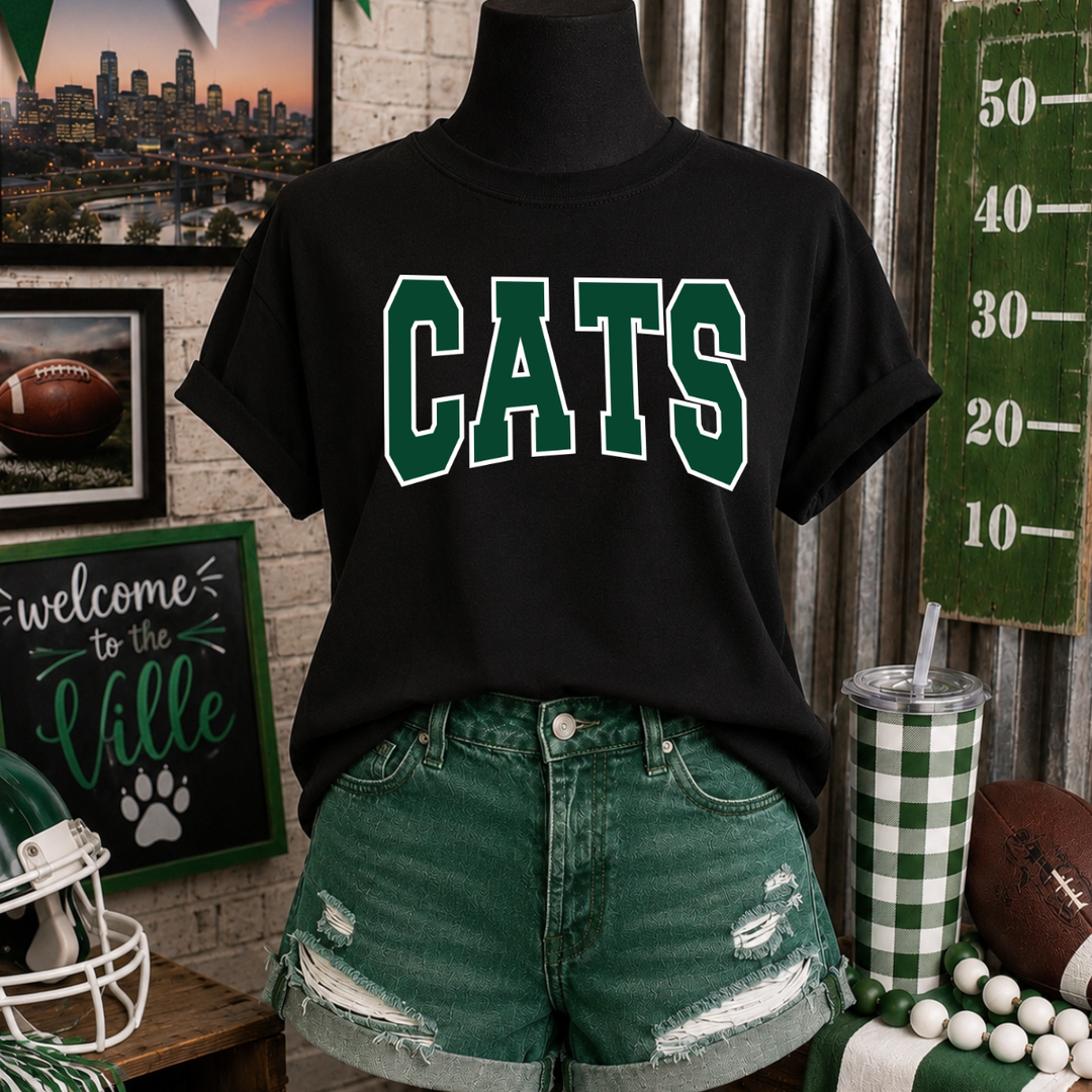 Green Cats Letters Black Tee