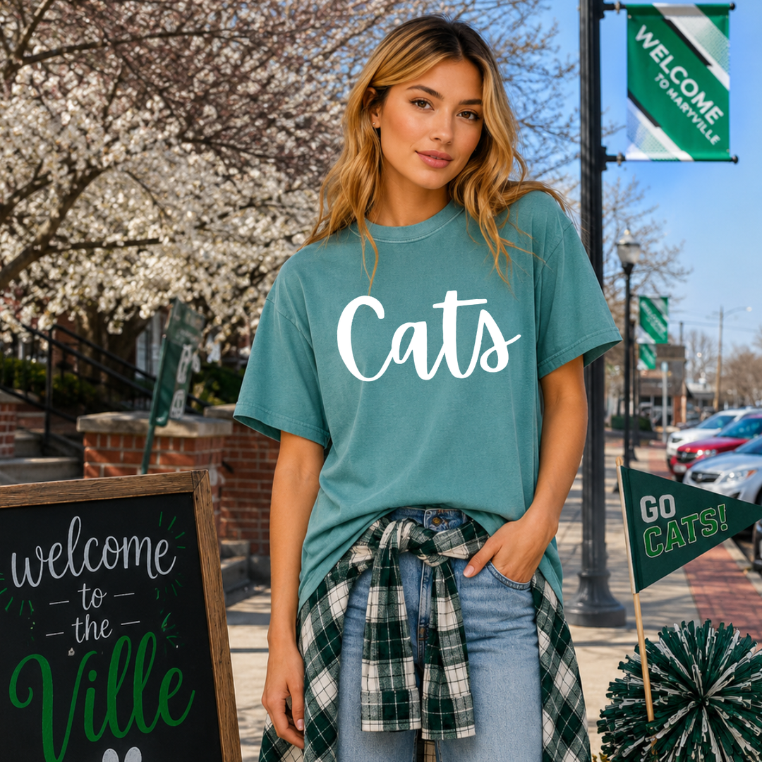 White Cats Script Green Tee