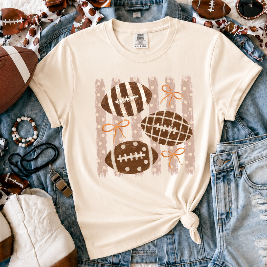 DEAL OF THE DAY - Brown Polk-a-dot Stripes Patterned Footballs Ivory Tee - (FINAL SALE)