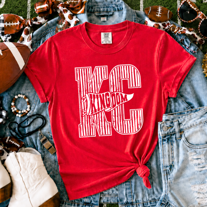 DEAL OF THE DAY - White/Red Distressed KC Football Banner Red Tee or Sweatshirt - FINAL SALE
