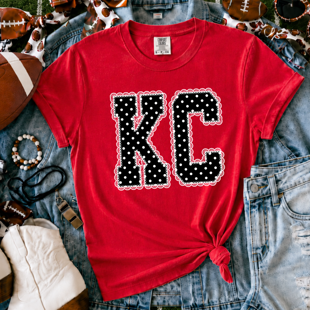 DEAL OF THE DAY - Black/White Polkadot Lace KC Letters - Red Tee or Sweatshirt (FINAL SALE)