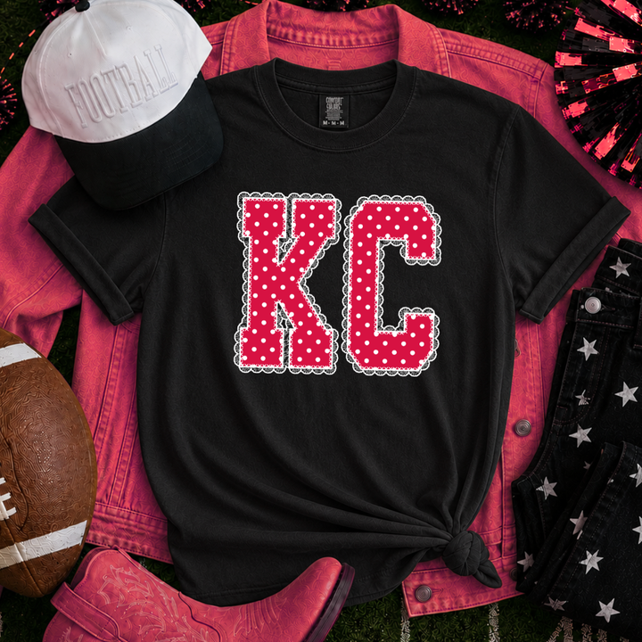 DEAL OF THE DAY - Red/White Polkadot Lace KC Letters - Black Tee or Sweatshirt (FINAL SALE)
