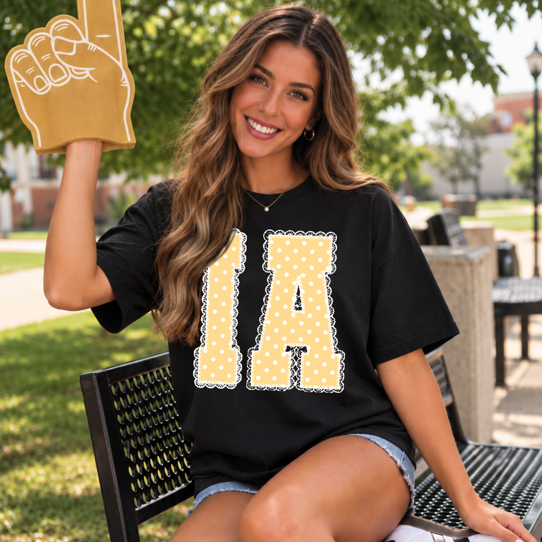 Yellow/White Polkadot Lace I-A Letters Black Tee or Sweatshirt