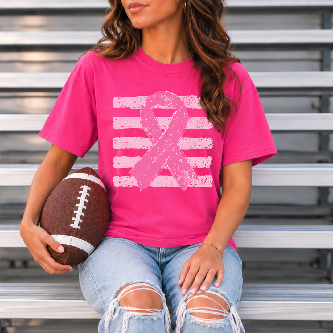 DEAL OF THE DAY - Striped Breast Cancer Ribbon Pink Tee or Sweatshirt - FINAL SALE