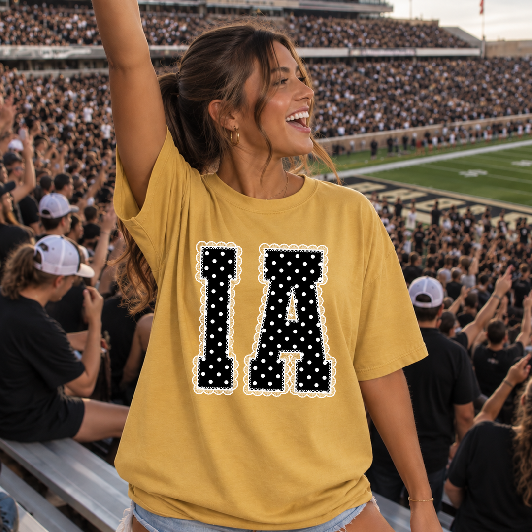 Black/White Polkadot Lace I-A Letters Mustard Tee