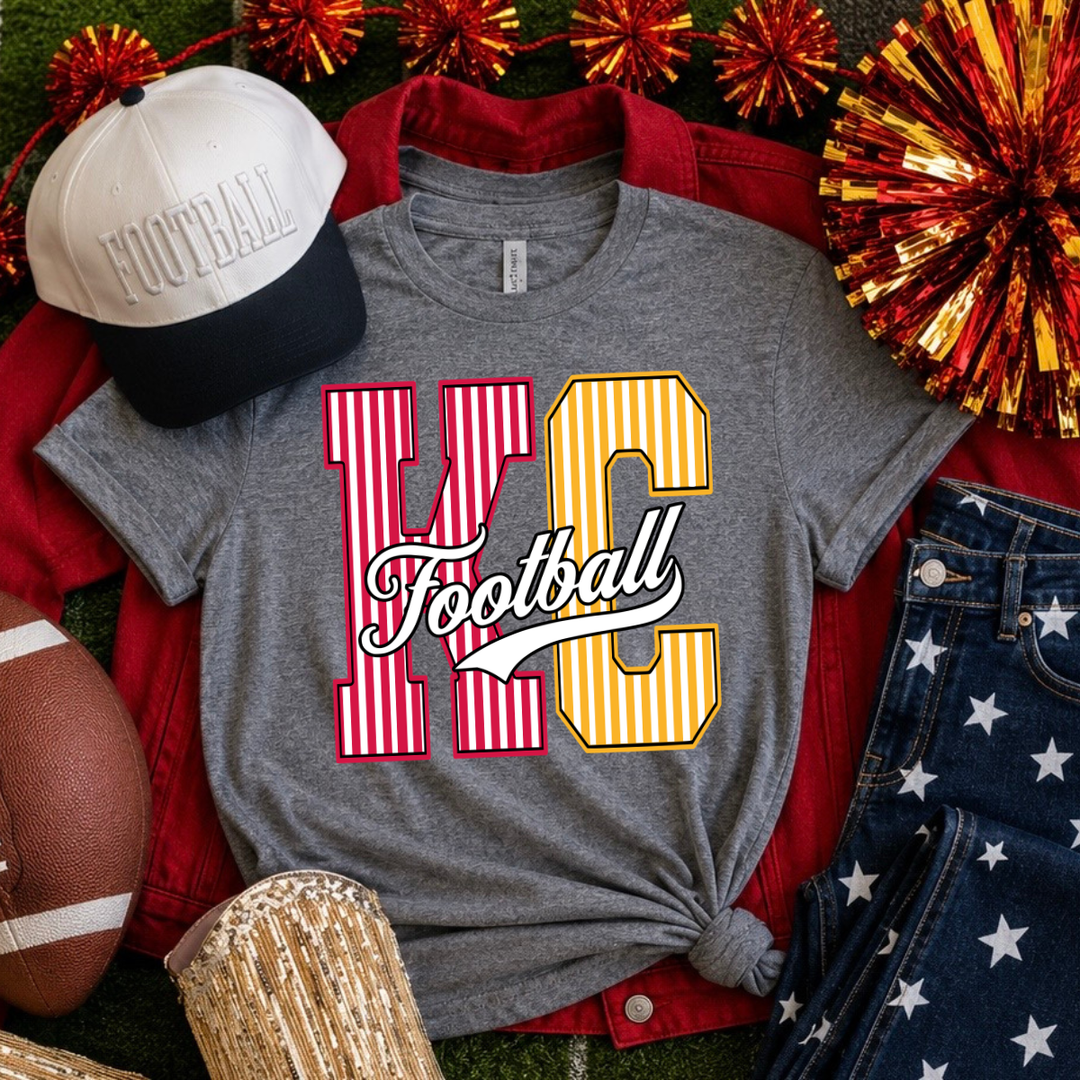 DEAL OF THE DAY -Pinstripe KC Football White Script Graphite Heather Tee (FINAL SALE)