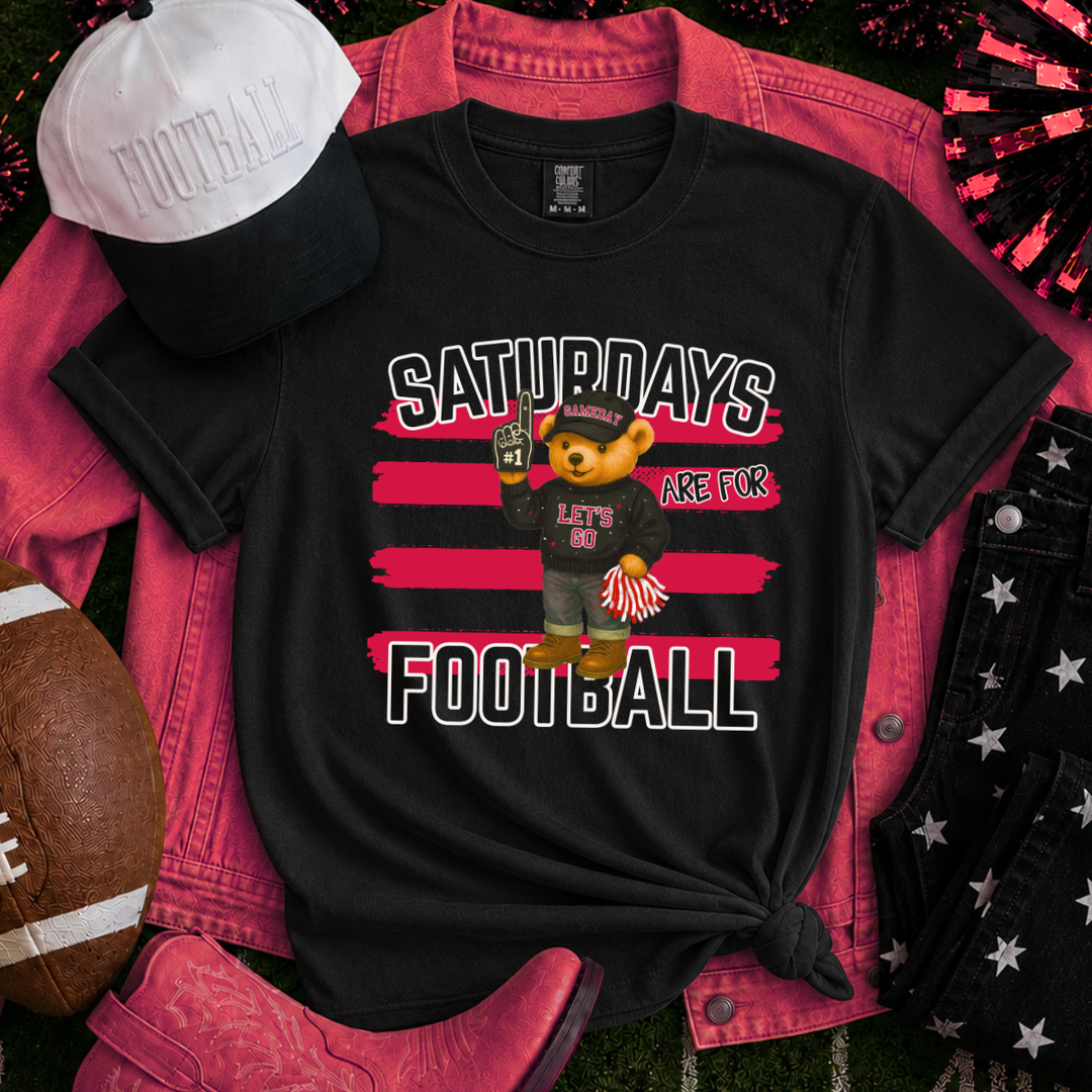 Red Stripes Bear Saturdays are for Football Black Tee