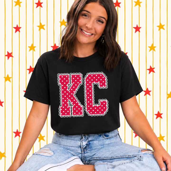 DEAL OF THE DAY - Red/White Polkadot Lace KC Letters - Black Tee or Sweatshirt (FINAL SALE)