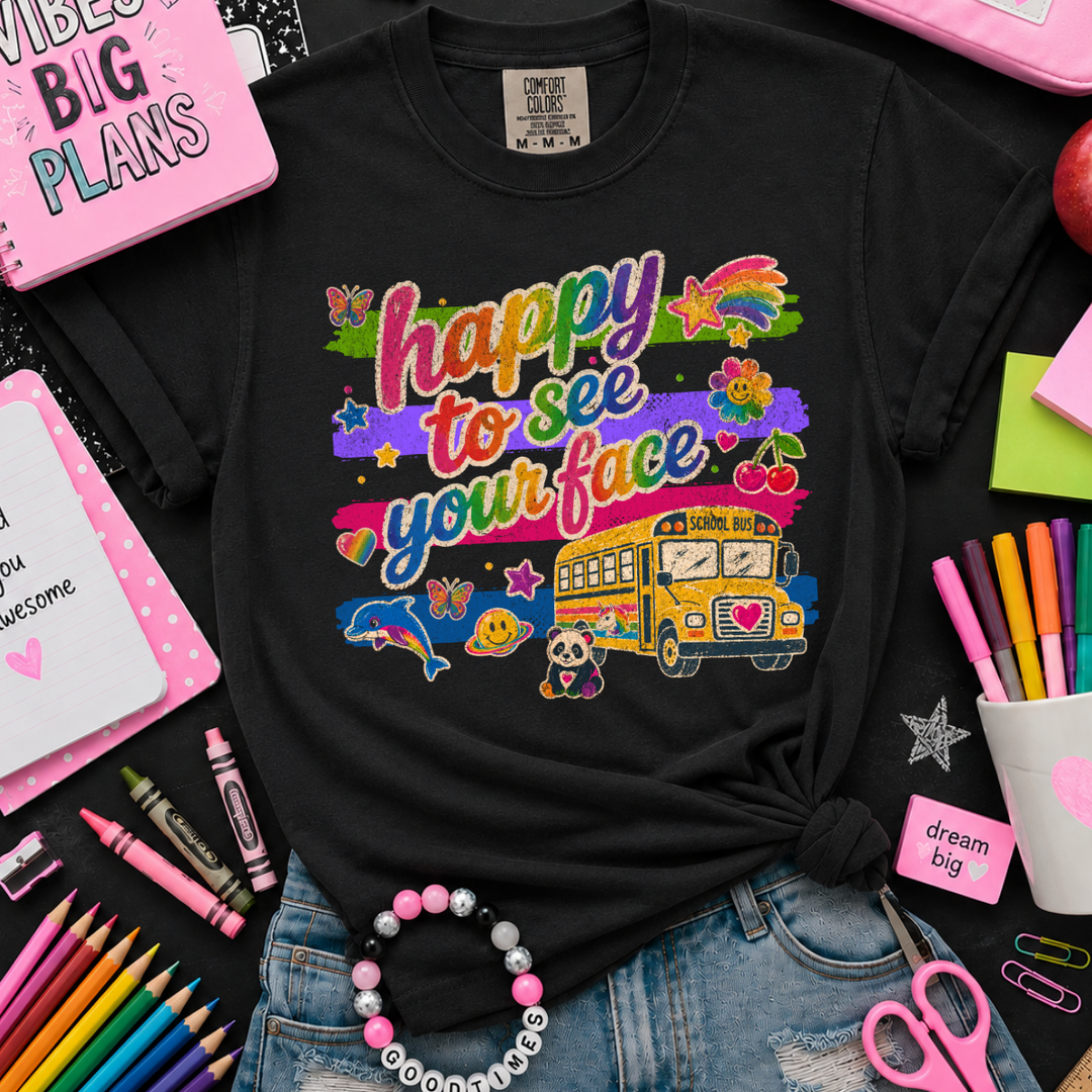 DEAL OF THE DAY - Bright Whimsical Happy to See your Face Black Tee (FINAL SALE)