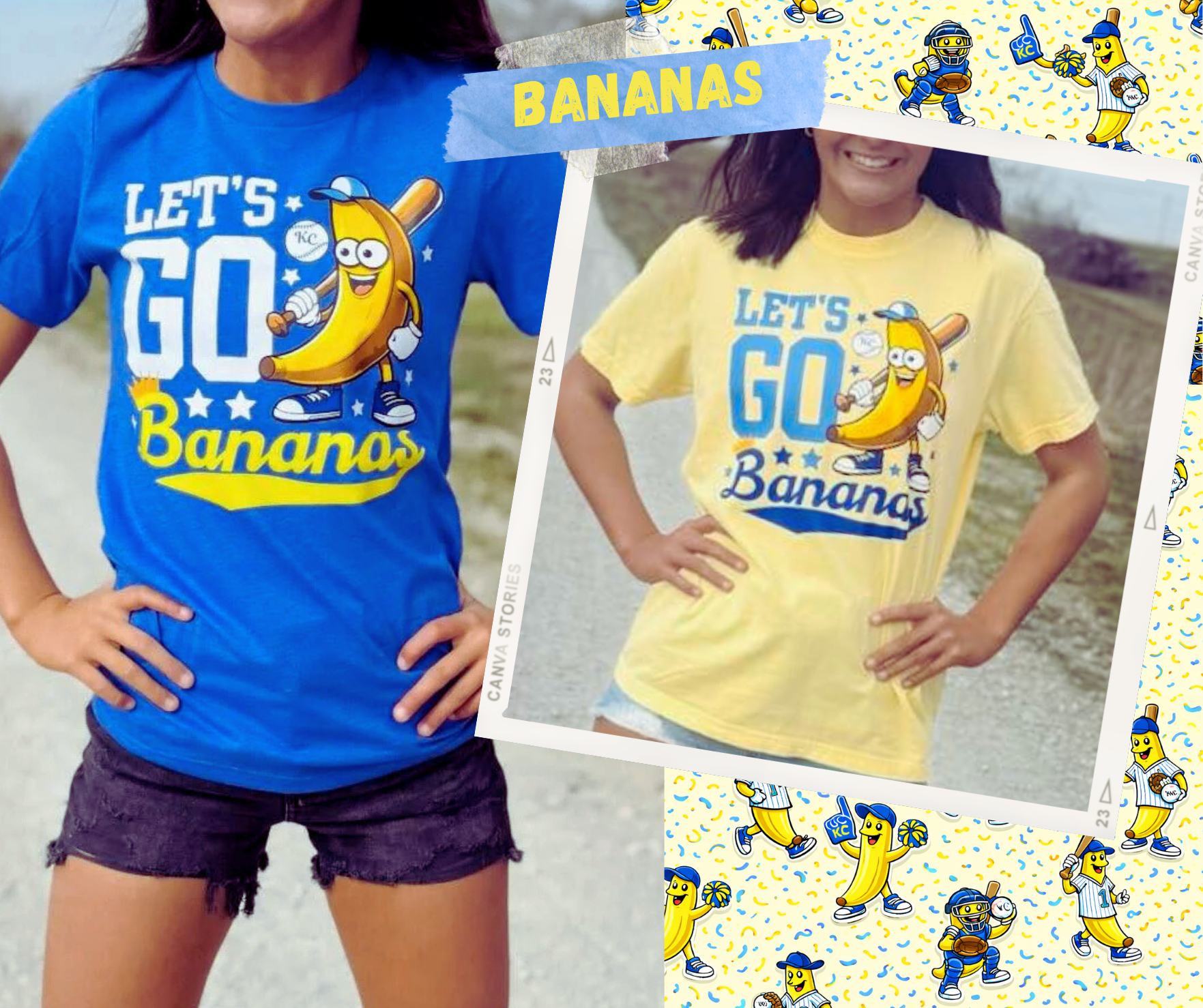 Bananas promo collection image. Blue t-shirt that says Let's Go Bananas and a yellow t-shirt that says Let's Go Bananas.