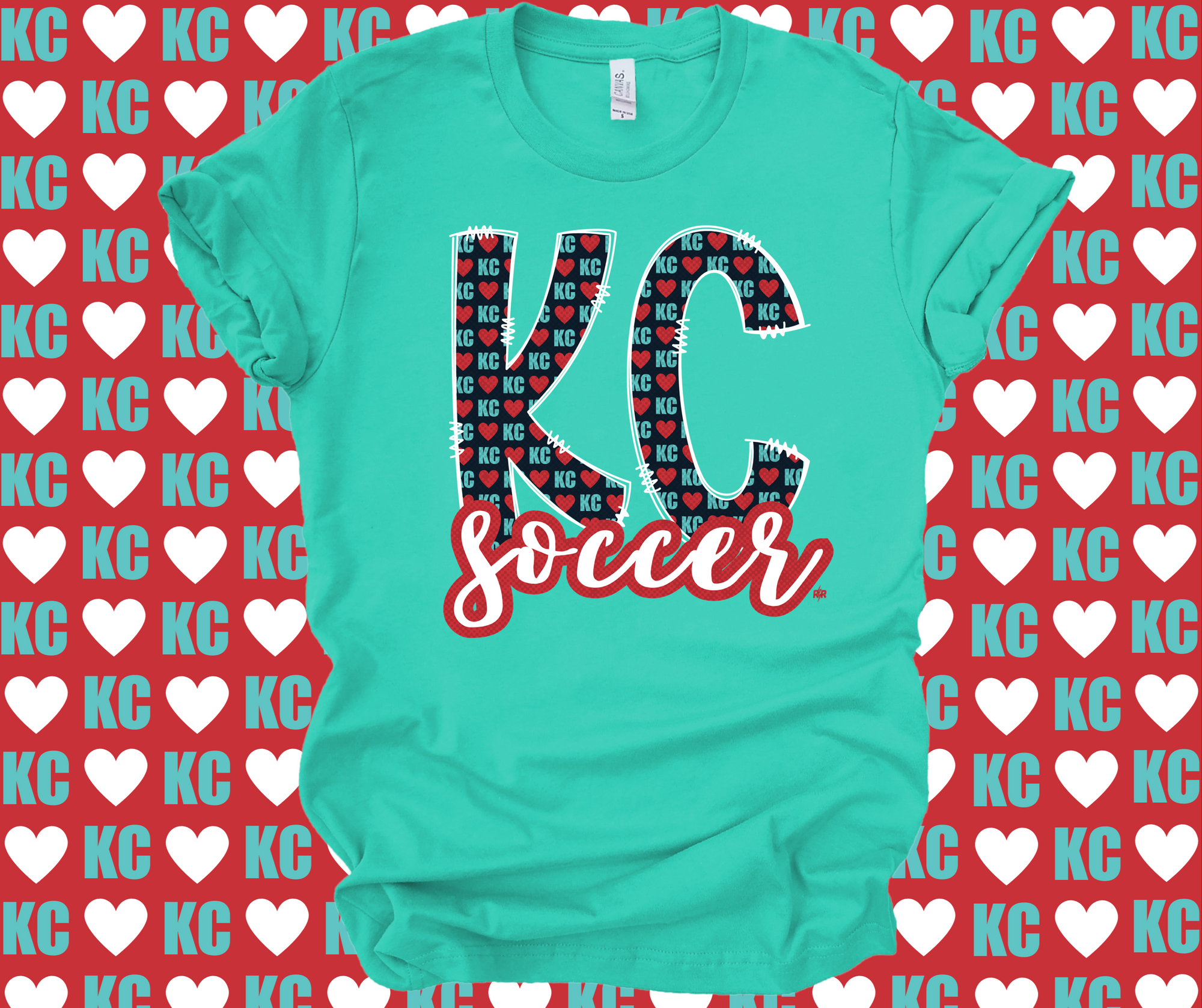 KC Soccer Heart Pattern Doddle Letters Teal Tee - The Red Rival