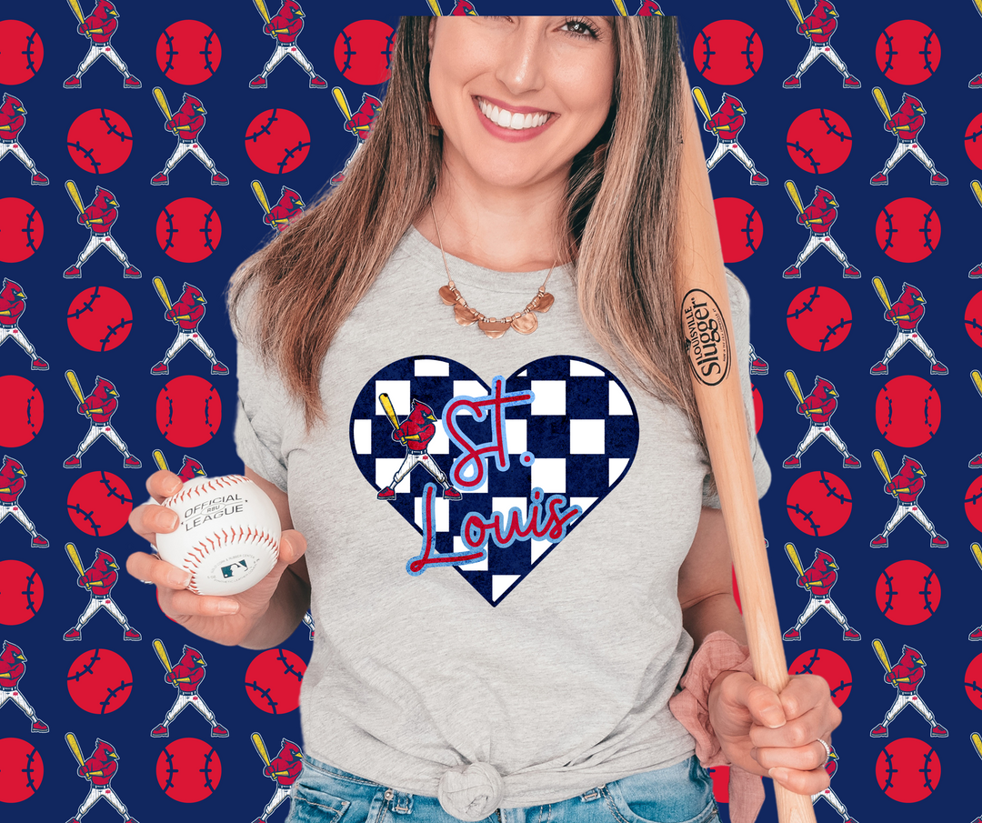 St. Louis Cardinal Checkered Heart Grey Graphic Tee - The Red Rival