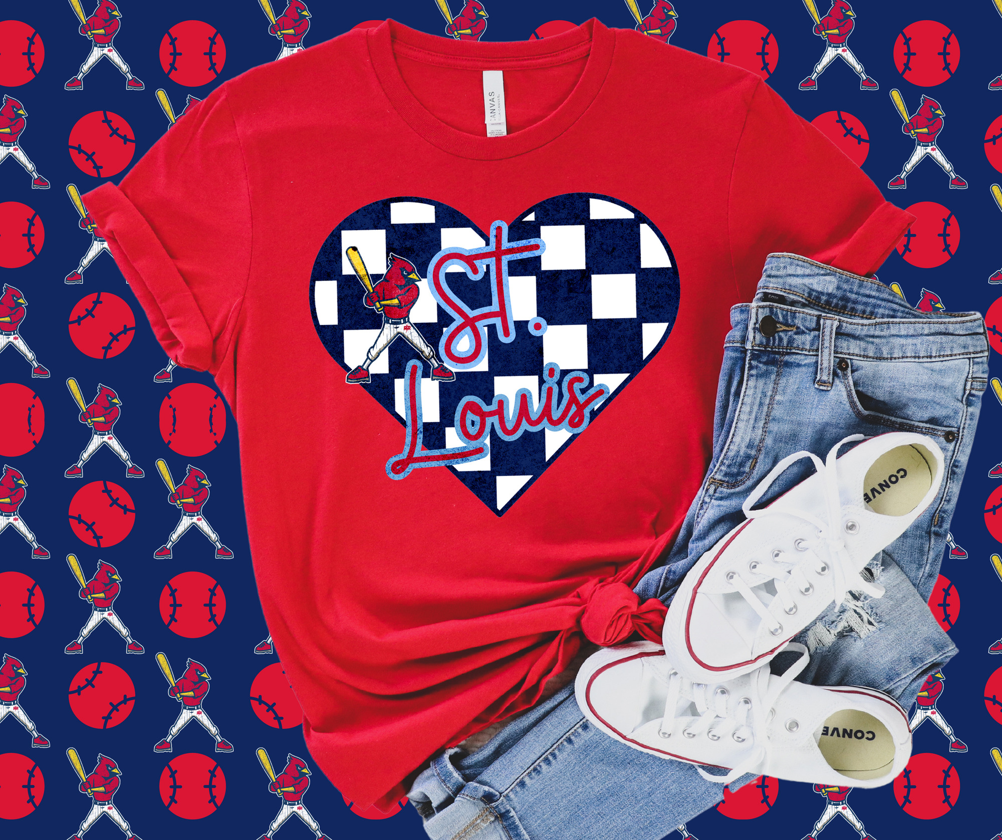 St. Louis Cardinal Checkered Heart Red Graphic Tee