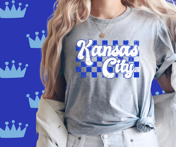 Kansas City Blue Checkered Background Grey Graphic Tee - The Red Rival