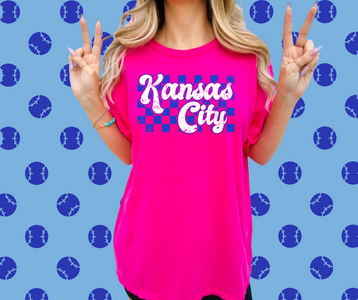 Kansas City Blue Checkered Background Pink Graphic Tee - The Red Rival