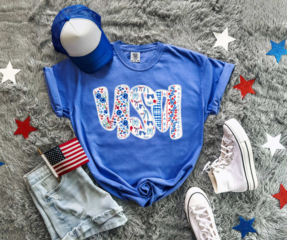 USA Floral & Bow Mystic Blue Tee