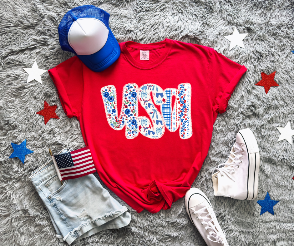 USA Floral & Bow Red Tee