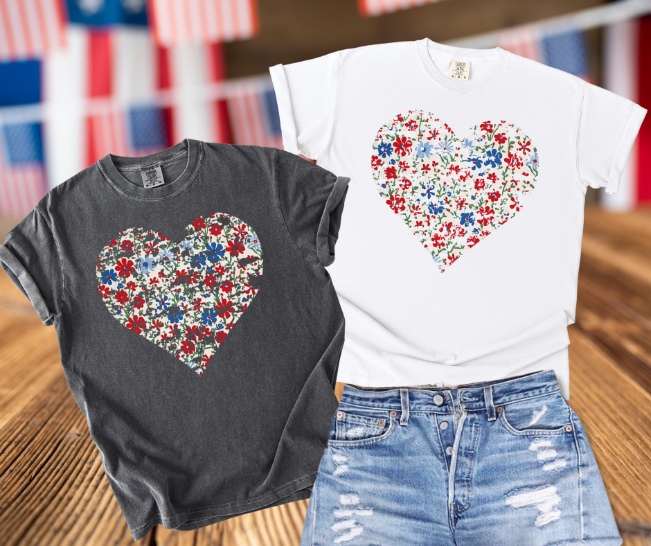Distressed Floral Patriotic Heart  (Pick Your Tee Color)