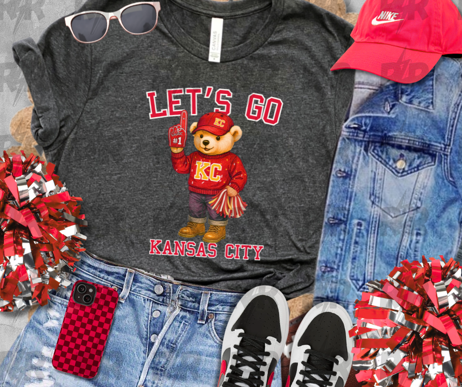 Red KC Vintage Bear Fan - Let's Go Kansas City - Heather Dark Grey Tee - The Red Rival