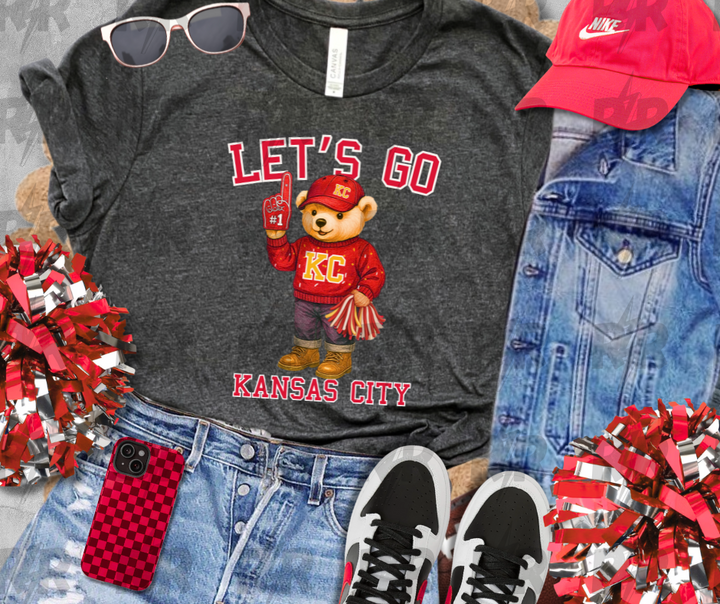 Red KC Vintage Bear Fan - Let's Go Kansas City - Heather Dark Grey Tee - The Red Rival