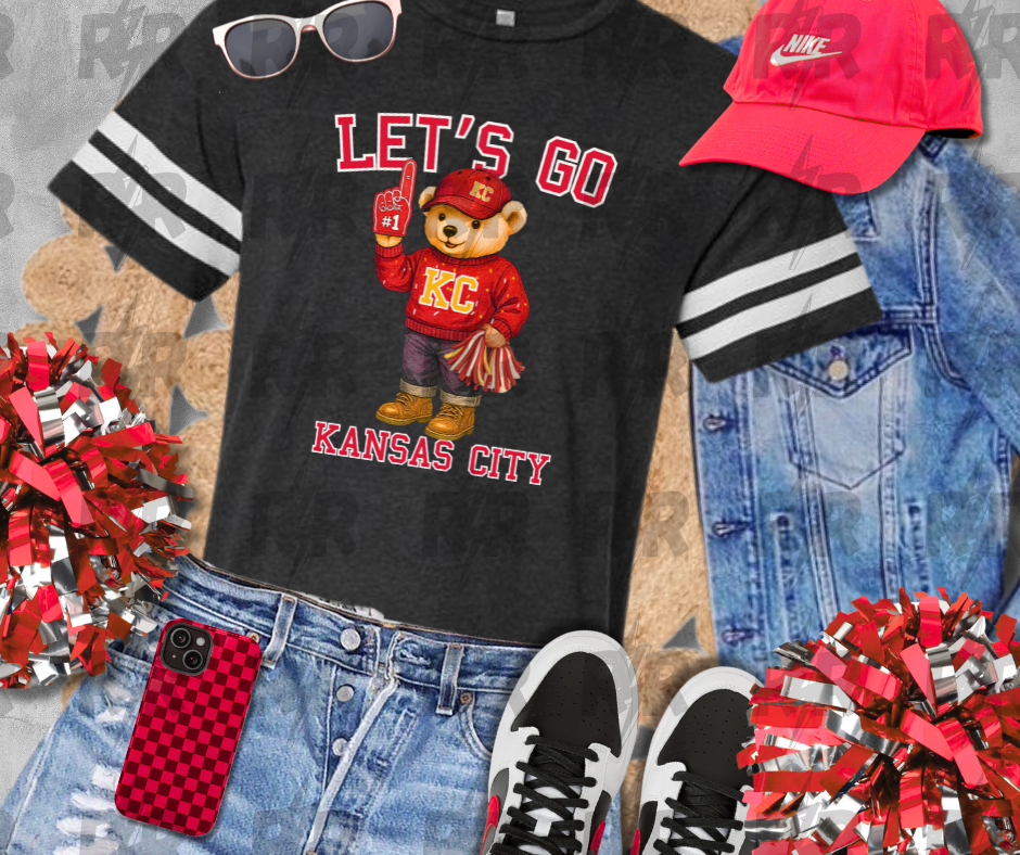 Red KC Vintage Bear Fan - Let's Go Kansas City - Dark Grey Jersey Tee - The Red Rival