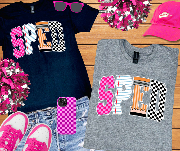 Checkered, Notebook, Pencil SPED Letters (Pick Your Tee Color) - The Red Rival