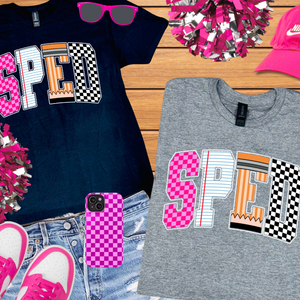Checkered, Notebook, Pencil SPED Letters (Pick Your Tee Color) - The Red Rival