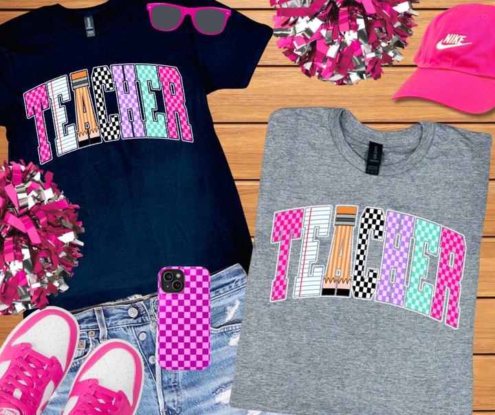 Checkered, Notebook, Pencil TEACHER Letters (Pick Your Tee Color) - The Red Rival