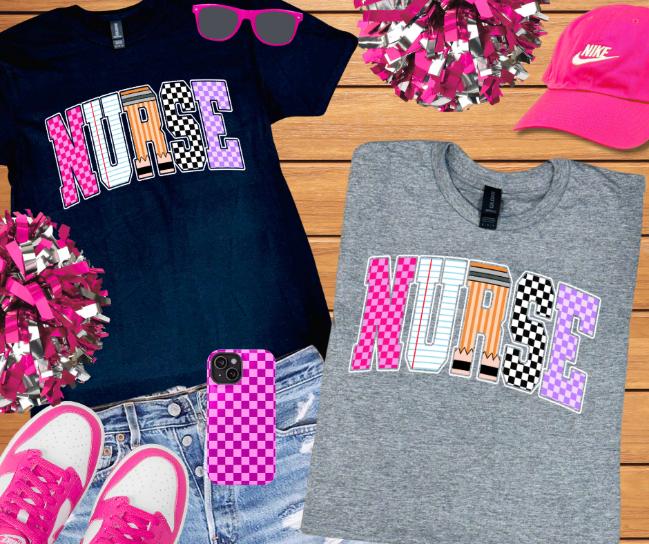 Checkered, Notebook, Pencil NURSE Letters (Pick Your Tee Color) - The Red Rival
