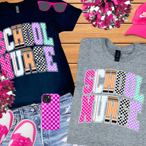 Checkered, Notebook, Pencil SCHOOL NURSE Letters (Pick Your Tee Color) - The Red Rival