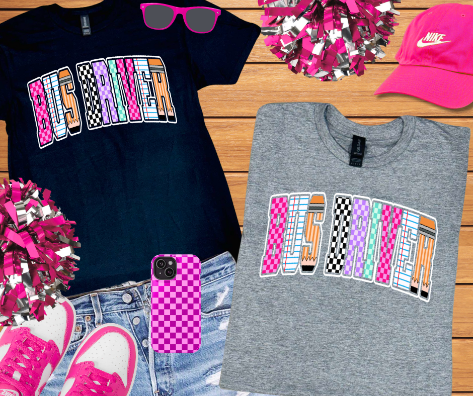 Checkered, Notebook, Pencil BUS DRIVER Letters (Pick Your Tee Color) - The Red Rival