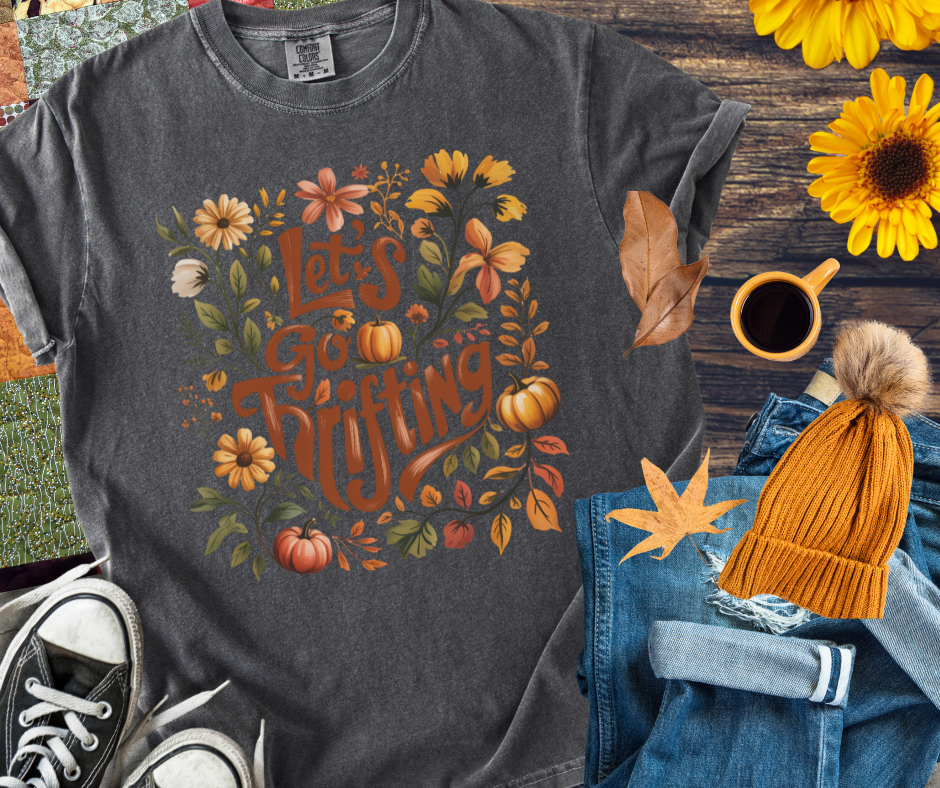 Let's Go Thrifting Flowers & Pumpkins Pepper Tee - The Red Rival