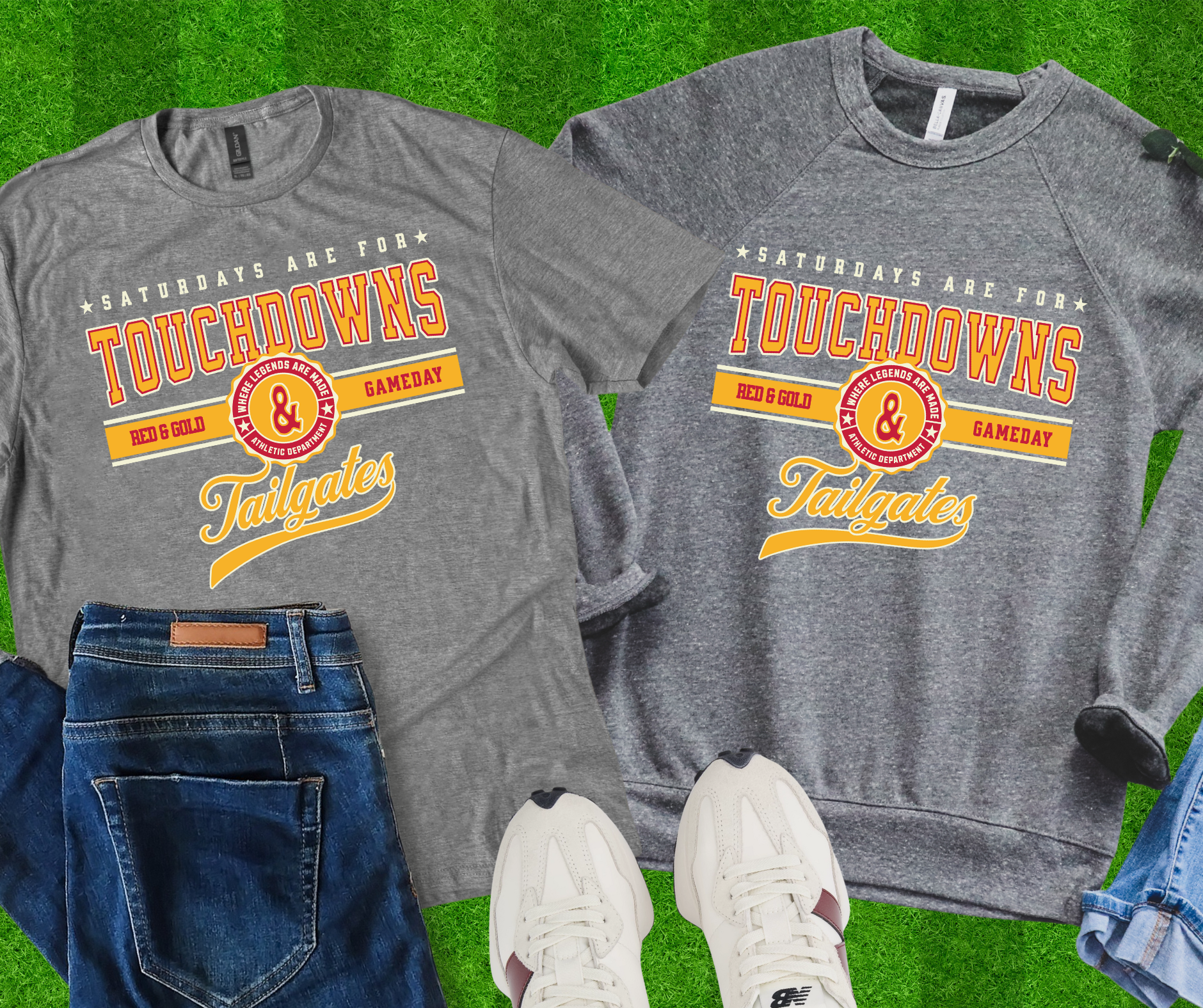 Red & Gold, Touchdown & Tailgates Heather Grey Tee or Sweatshirt