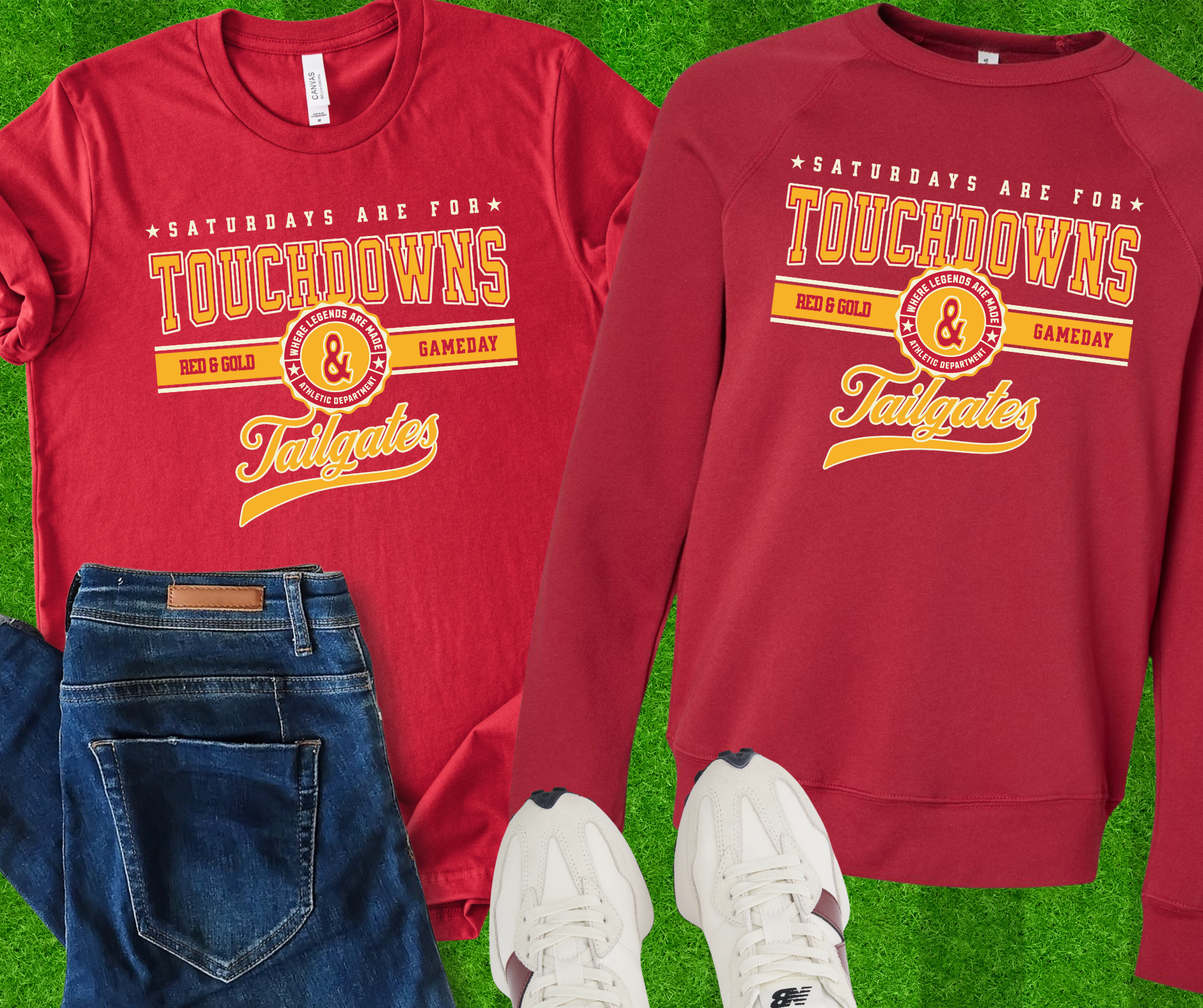 Red & Gold, Touchdown & Tailgates Red Tee or Sweatshirt