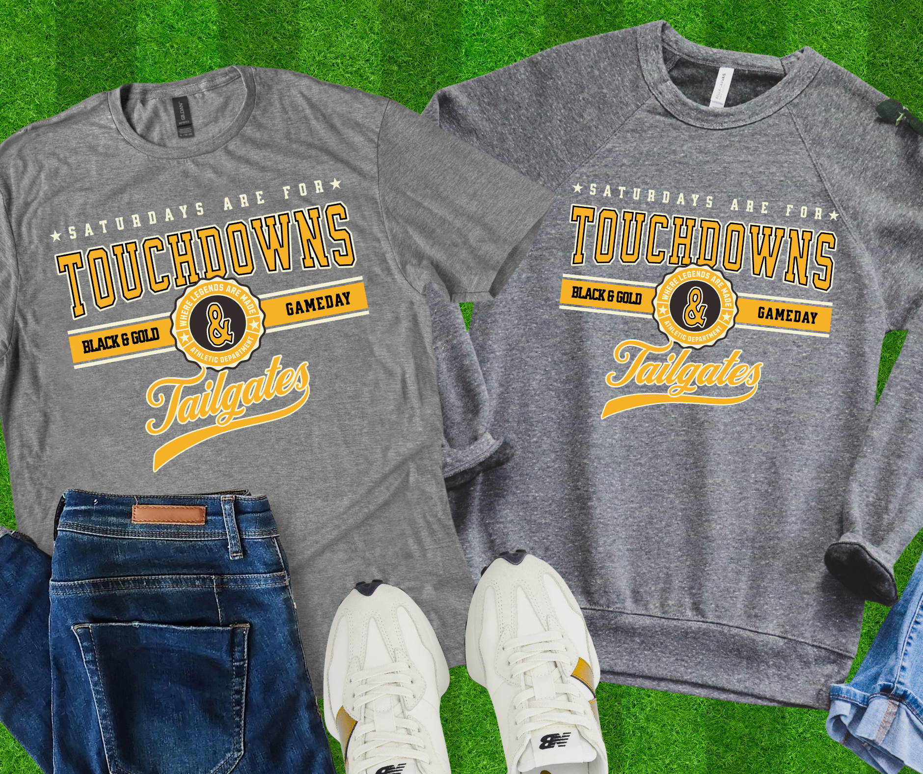 Black & Gold, Touchdown & Tailgates Heather Grey Tee or Sweatshirt