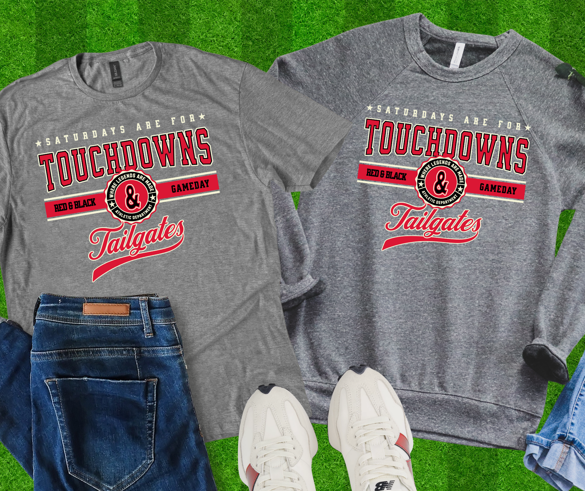 Red & Black, Touchdown & Tailgates Heather Grey Tee or Sweatshirt
