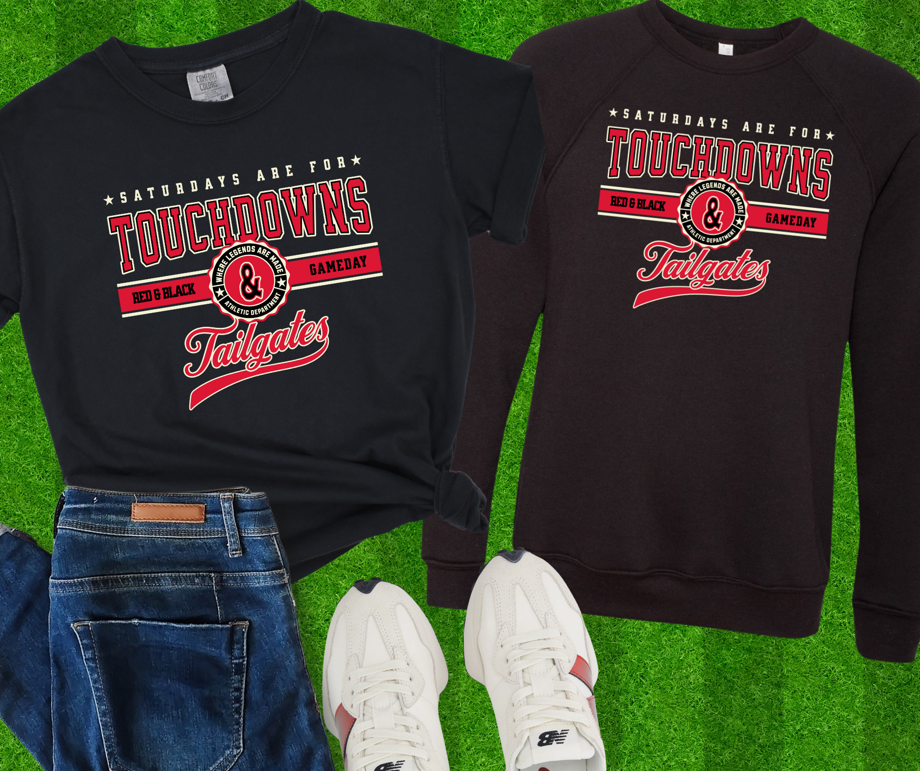 Red & Black, Touchdown & Tailgates Black Tee or Sweatshirt