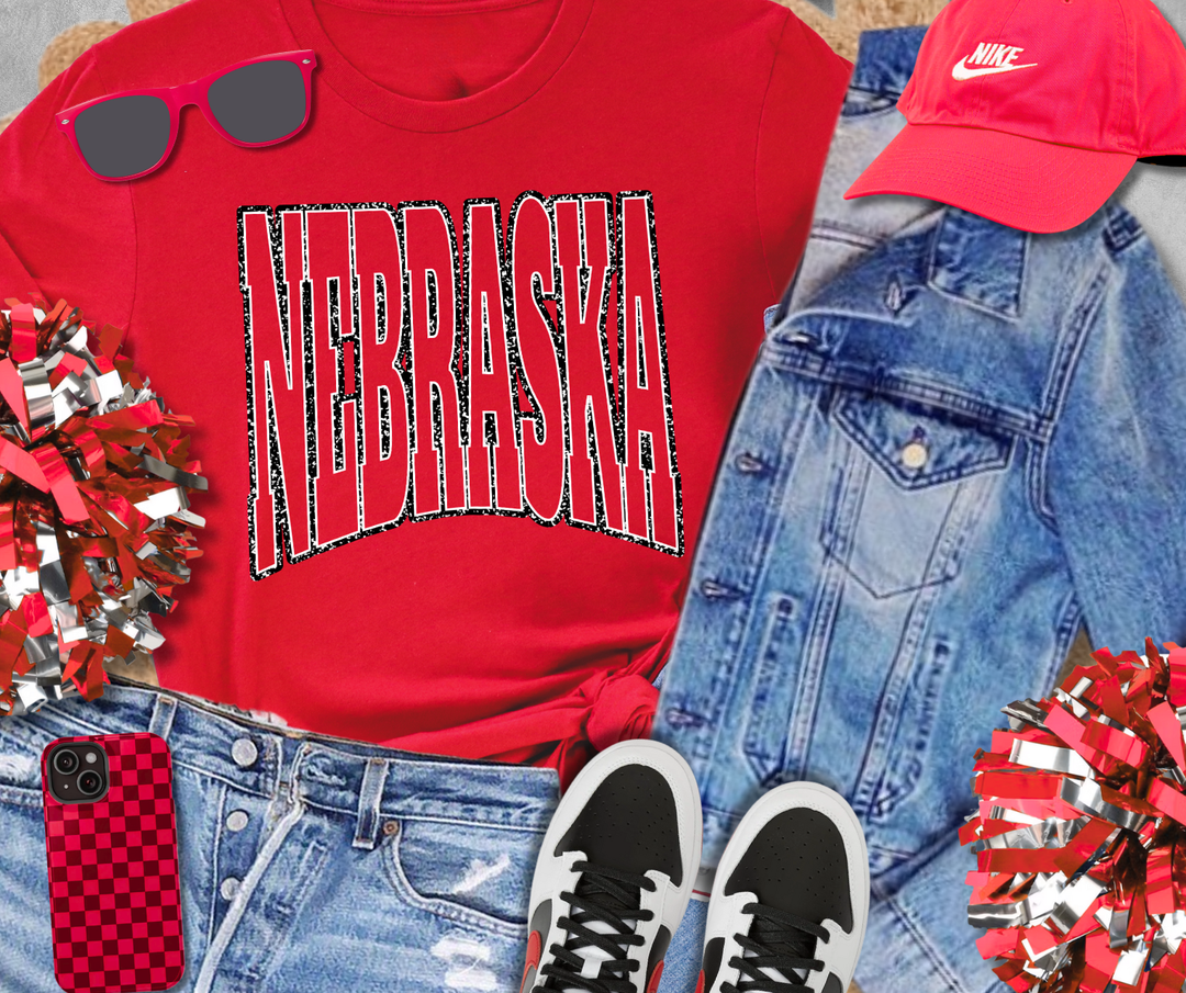 Black/White NE State Text Red Tee